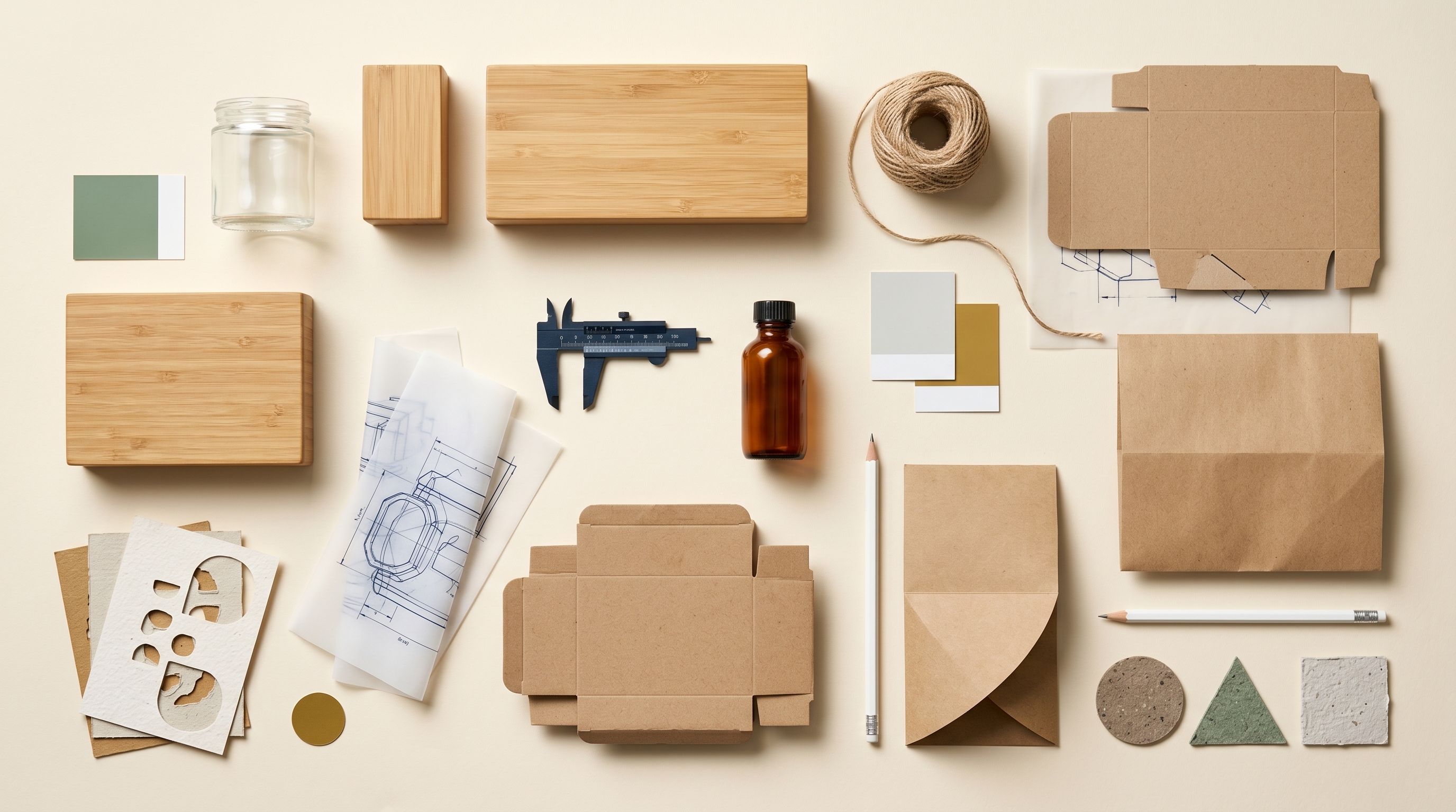 Editorial top-down still life on a warm cream surface — wood plank, neutral packaging samples, paper specs, and reference tools arranged for a packaging-sourcing review.